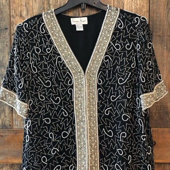 Laurence Kazar Sz XL Vintage Heavy Black Silver Beaded & Sequined Mafia Vibe Top - Picture 7 of 8